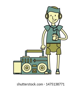 hipster boy with music player and stereo isolated Vector design illustration