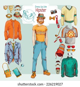 Hipster boy pack sketch retro decorative icons clothes and accessories set vector illustration