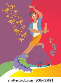 Hipster boy with sneakers. Sketchy hand-drawn vector illustration.