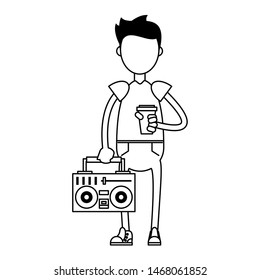 hipster boy with stereo symbol and coffee cup isolated symbol Vector design illustration