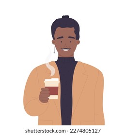 Hipster boy with takeaway coffee cup. Beverage street, hot drinks to go vector illustration