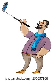 hipster boy taking selfie with help of special equipment - cartoon