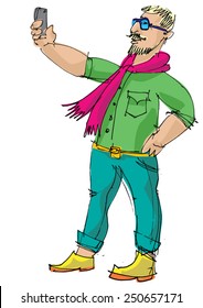 hipster boy taking selfie with help of mobile phone - cartoon