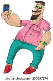 hipster boy taking selfie with help of mobile phone - cartoon