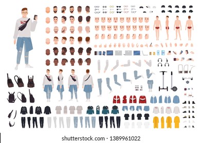 Hipster boy in trendy clothes constructor set or DIY kit. Guy in street style outfit. Bundle of body parts and accessories. Male cartoon character. Front, side, back views. Vector illustration.