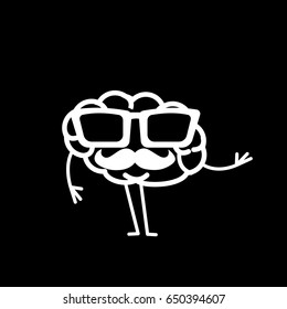 Hipster brain. Vector concept illustration of brain with sunglasses and moustache | flat design linear infographic icon white on black background