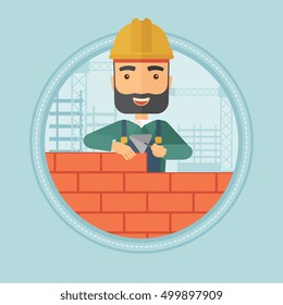 A hipster bricklayer in uniform and hard hat. Bricklayer working with a spatula and a brick in hands on construction site. Vector flat design illustration in the circle isolated on background.