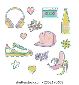 hipster bright sticker set. Headphones, cap, banana, water, retro cassette, sneakers. Stickers for your design. vector illustration