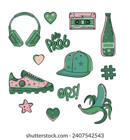 hipster bright sticker set. Headphones, cap, banana, water, retro cassette, sneakers. Stickers for your design. vector illustration