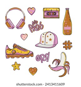 hipster bright sticker set. Headphones, cap, banana, water, retro cassette, sneakers. Stickers for your design. vector illustration