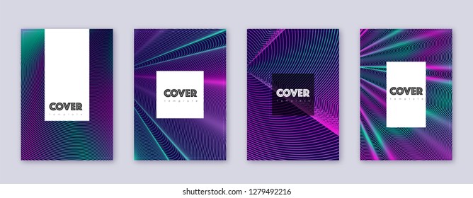 Hipster brochure design template set. Neon abstract lines on dark blue background. Amazing brochure design. Terrific catalog, poster, book template etc.