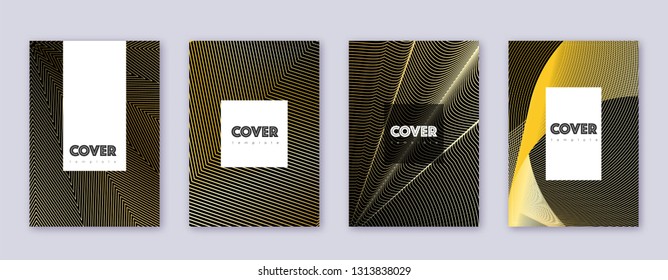 Hipster brochure design template set. Gold abstract lines on black background. Amazing brochure design. Emotional catalog, poster, book template etc.