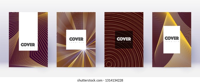 Hipster brochure design template set. Gold abstract lines on bordo background. Amazing brochure design. Mesmeric catalog, poster, book template etc.
