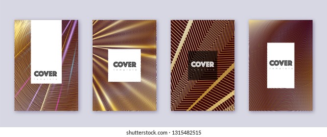 Hipster brochure design template set. Gold abstract lines on bordo background. Amazing brochure design. Indelible catalog, poster, book template etc.