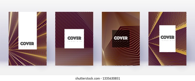 Hipster brochure design template set. Gold abstract lines on bordo background. Amazing brochure design. Majestic catalog, poster, book template etc.