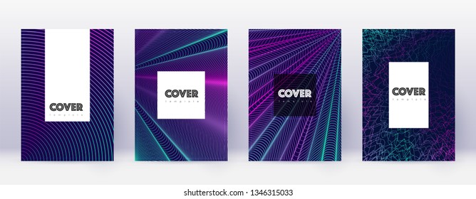Hipster brochure design template set. Neon abstract lines on dark blue background. Amazing brochure design. Worthy catalog, poster, book template etc.
