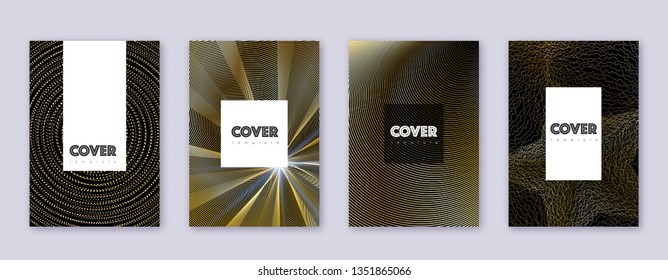 Hipster brochure design template set. Gold abstract lines on black background. Amazing brochure design. Exotic catalog, poster, book template etc.