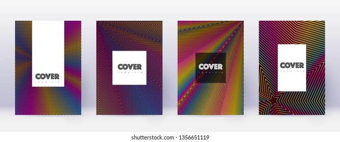 Hipster brochure design template set. Rainbow abstract lines on wine red background. Amusing brochure design. Lovely catalog, poster, book template etc.