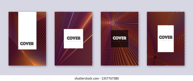 Hipster brochure design template set. Orange abstract lines on wine-red background. Amusing brochure design. Comely catalog, poster, book template etc.