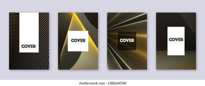 Hipster brochure design template set. Gold abstract lines on black background. Amazing brochure design. Extraordinary catalog, poster, book template etc.