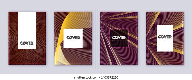 Hipster brochure design template set. Gold abstract lines on bordo background. Amazing brochure design. Impressive catalog, poster, book template etc.