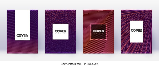 Hipster brochure design template set. Violet abstract lines on dark background. Appealing brochure design. Admirable catalog, poster, book template etc.