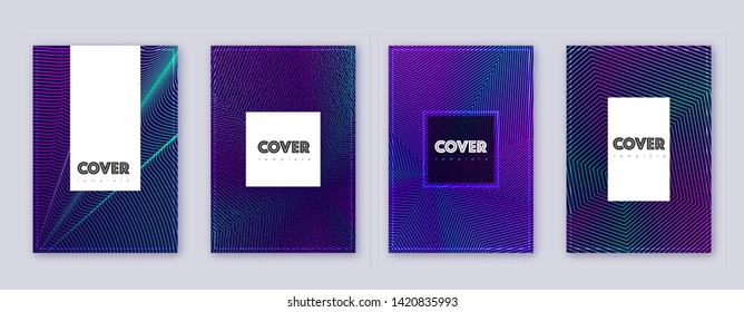 Hipster brochure design template set. Neon abstract lines on dark blue background. Amazing brochure design. Valuable catalog, poster, book template etc.