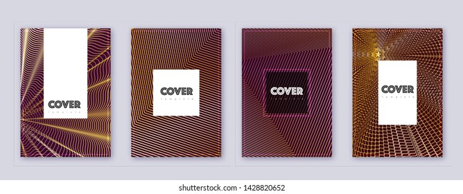 Hipster brochure design template set. Gold abstract lines on bordo background. Amazing brochure design. Ideal catalog, poster, book template etc.