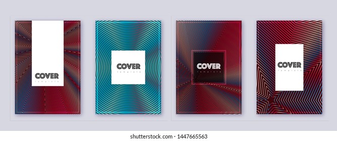 Hipster brochure design template set. Red abstract lines on white blue background. Amusing brochure design. Optimal catalog, poster, book template etc.
