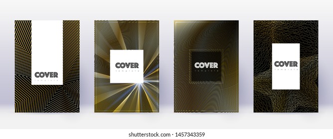 Hipster brochure design template set. Gold abstract lines on black background. Amazing brochure design. Fabulous catalog, poster, book template etc.