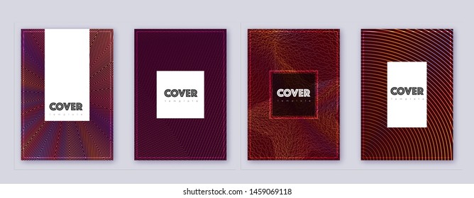 Hipster brochure design template set. Orange abstract lines on wine-red background. Amusing brochure design. Creative catalog, poster, book template etc.