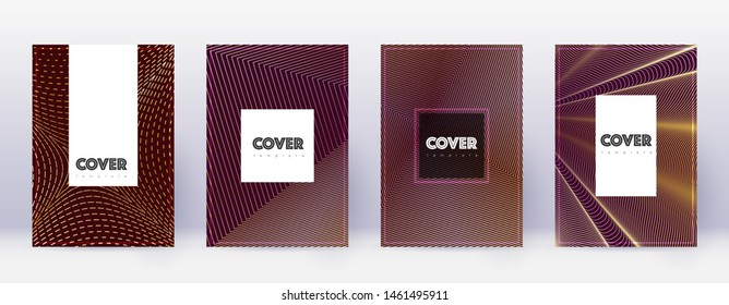 Hipster brochure design template set. Gold abstract lines on bordo background. Amazing brochure design. Memorable catalog, poster, book template etc.