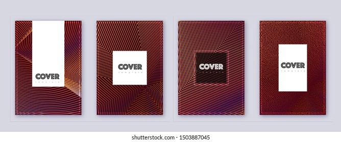 Hipster brochure design template set. Orange abstract lines on wine-red background. Amusing brochure design. Charming catalog, poster, book template etc.