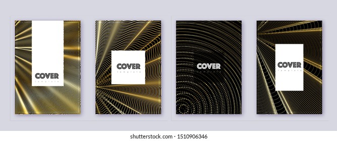 Hipster brochure design template set. Gold abstract lines on black background. Amazing brochure design. Excellent catalog, poster, book template etc.