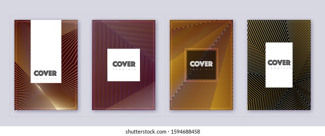 Hipster brochure design template set. Gold abstract lines on bordo background. Amazing brochure design. Immaculate catalog, poster, book template etc.