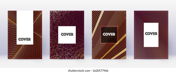 Hipster brochure design template set. Gold abstract lines on bordo background. Amazing brochure design. Neat catalog, poster, book template etc.