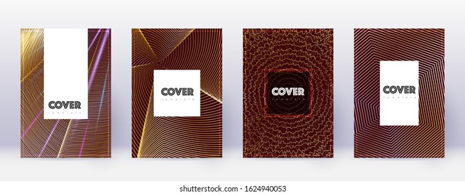 Hipster brochure design template set. Gold abstract lines on bordo background. Amazing brochure design. Lovely catalog, poster, book template etc.
