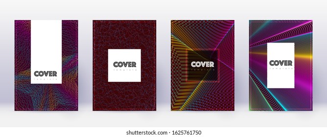 Hipster brochure design template set. Rainbow abstract lines on wine red background. Amusing brochure design. Memorable catalog, poster, book template etc.
