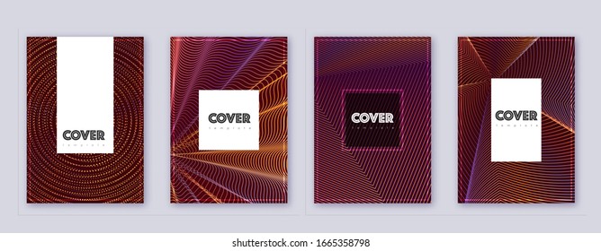 Hipster brochure design template set. Orange abstract lines on wine-red background. Amusing brochure design. Classy catalog, poster, book template etc.