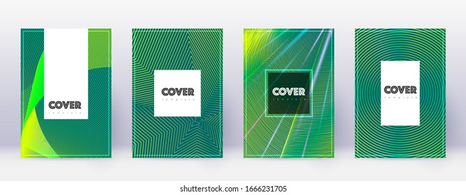 Hipster Broschüren Design Template Set. Grüne abstrakte Linien auf dunklem Hintergrund. Beeindruckendes Broschürendesign. Radiant Katalog, Poster, Buchvorlage etc.