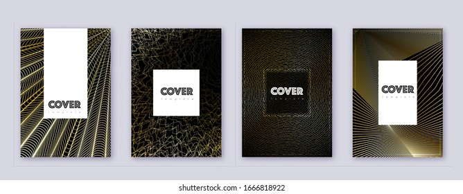 Hipster brochure design template set. Gold abstract lines on black background. Amazing brochure design. Enchanting catalog, poster, book template etc.
