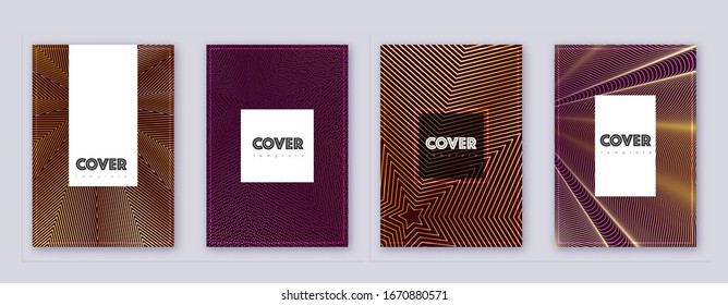 Hipster brochure design template set. Gold abstract lines on bordo background. Amazing brochure design. Grand catalog, poster, book template etc.