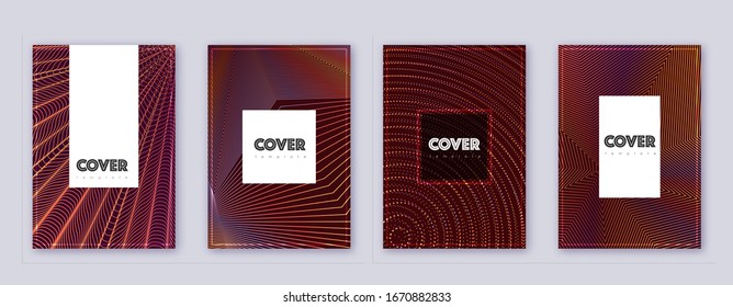 Hipster brochure design template set. Orange abstract lines on wine-red background. Amusing brochure design. Cool catalog, poster, book template etc.