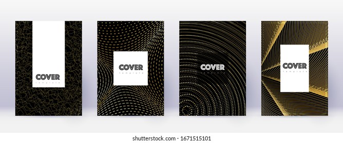 Hipster brochure design template set. Gold abstract lines on black background. Amazing brochure design. Fresh catalog, poster, book template etc.