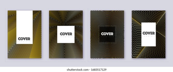 Conjunto de plantillas de diseño de folleto de Hipster. Líneas abstractas de oro sobre fondo negro. Increíble diseño de folletos. Catálogo energético, póster, plantilla de libro, etc.