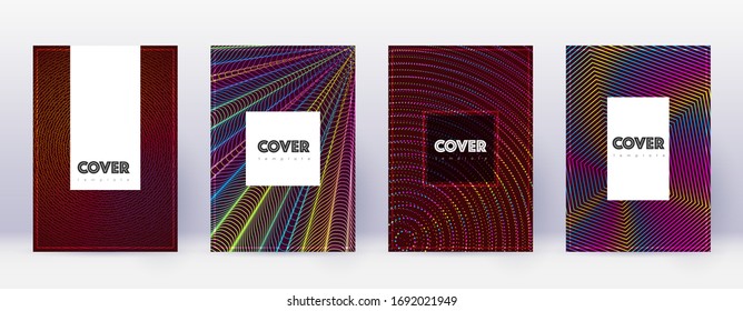 Hipster brochure design template set. Rainbow abstract lines on wine red background. Amusing brochure design. Likable catalog, poster, book template etc.