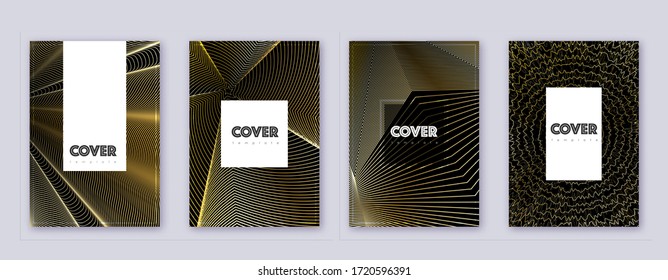 Conjunto de plantillas de diseño de folleto de Hipster. Líneas abstractas de oro sobre fondo negro. Increíble diseño de folletos. Exquisito catálogo, póster, plantilla de libro, etc.