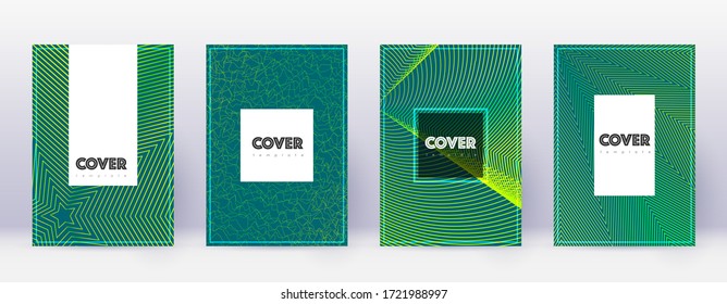 Conjunto de plantillas de diseño de folleto de Hipster. Líneas abstractas verdes sobre fondo oscuro. Increíble diseño de folletos. Catálogo raro, póster, plantilla de libro, etc.