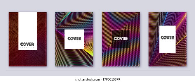 Conjunto de plantillas de diseño de folleto de Hipster. Líneas abstractas del arcoiris sobre fondo rojo del vino. Divertido diseño de folletos. Catálogo glamoroso, afiche, plantilla de libro, etc.