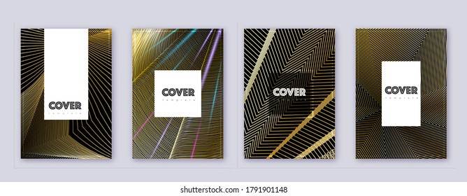 Conjunto de plantillas de diseño de folleto de Hipster. Líneas abstractas de oro sobre fondo negro. Increíble diseño de folletos. Catálogo adicional, póster, plantilla de libro, etc.